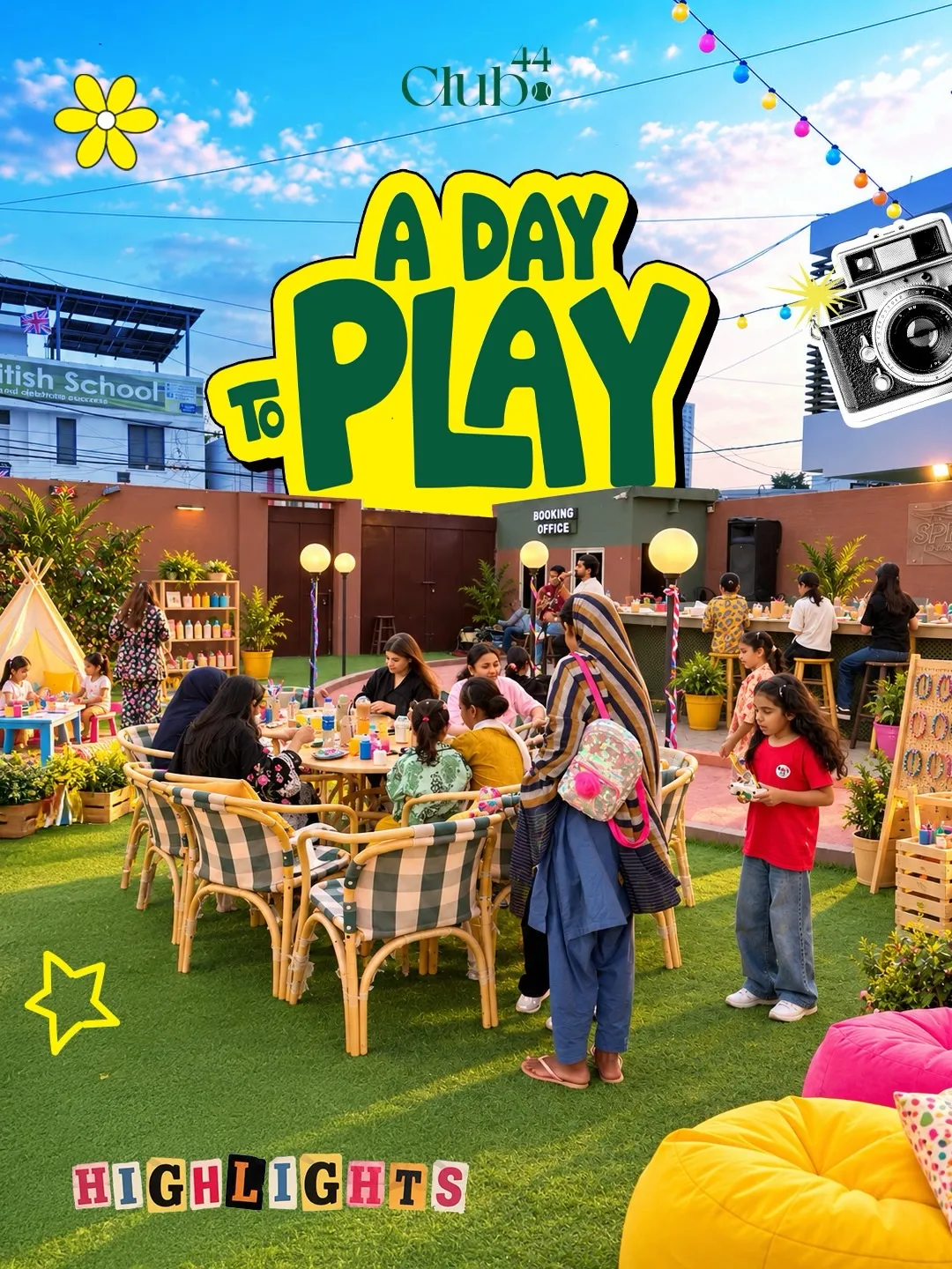 A Day to Play highlights: families at craft tables on the Club44 lawn, with a teepee, beanbags and string lights
